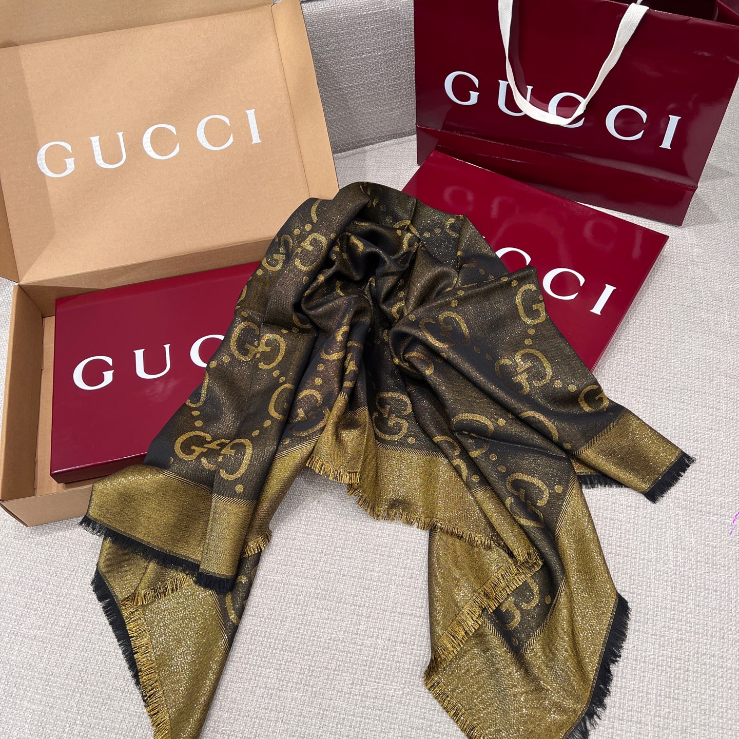 Gucci Metallic Jacquard Wool Blend Shawl, 140x140cm, Brown & Gold 9 i1736710429605 2094 0 7