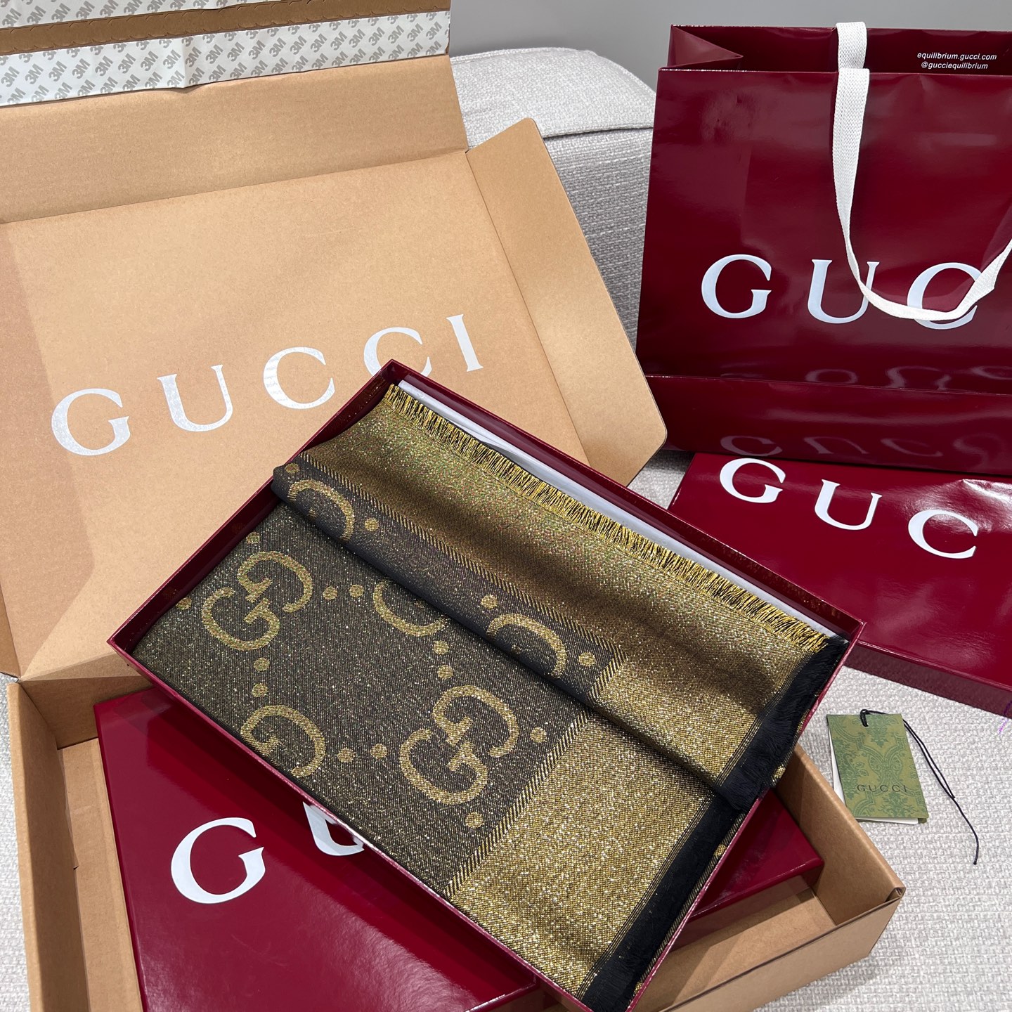 Gucci Metallic Jacquard Wool Blend Shawl, 140x140cm, Brown & Gold 2 i1736710431908 7849 0 0