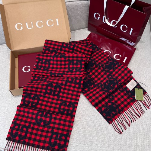Gucci Red Wool Blend Jacquard Scarf with Navy Logo, 35x220cm 1 Gucci Red Wool Blend Jacquard Scarf with Navy Logo, 35x220cm