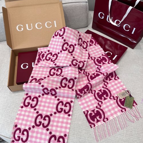 Gucci Pink Wool Blend Scarf with Navy Blue GG Jacquard - 35x220cm 1 Gucci Pink Wool Blend Scarf with Navy Blue GG Jacquard - 35x220cm