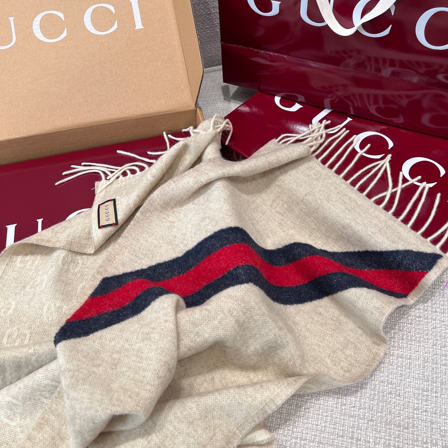 Gucci Men's Ivory Wool Scarf with Double G Jacquard and Red/Green Web 6 i1736973080022 4489 0 4