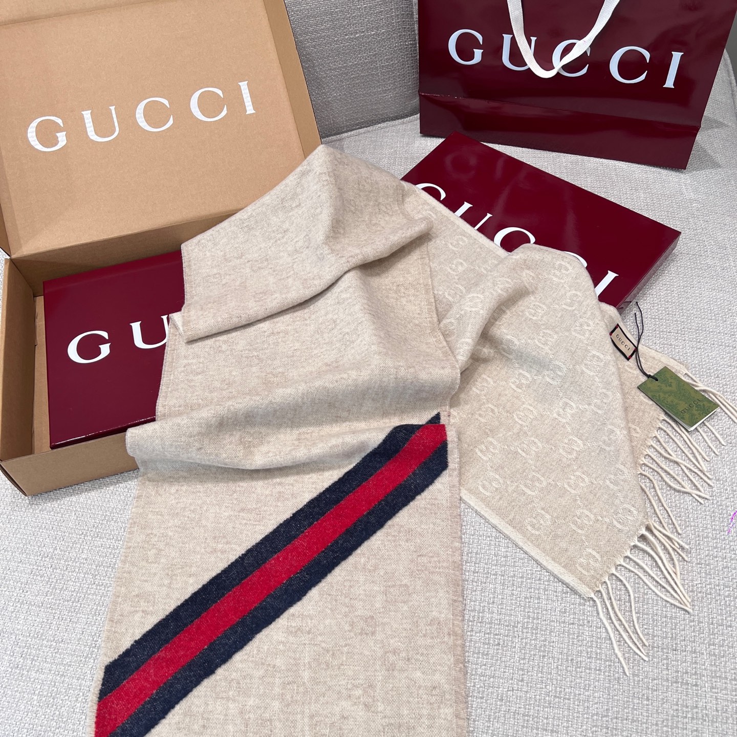 Gucci Men's Ivory Wool Scarf with Double G Jacquard and Red/Green Web 2 i1736973080670 7440 0 0