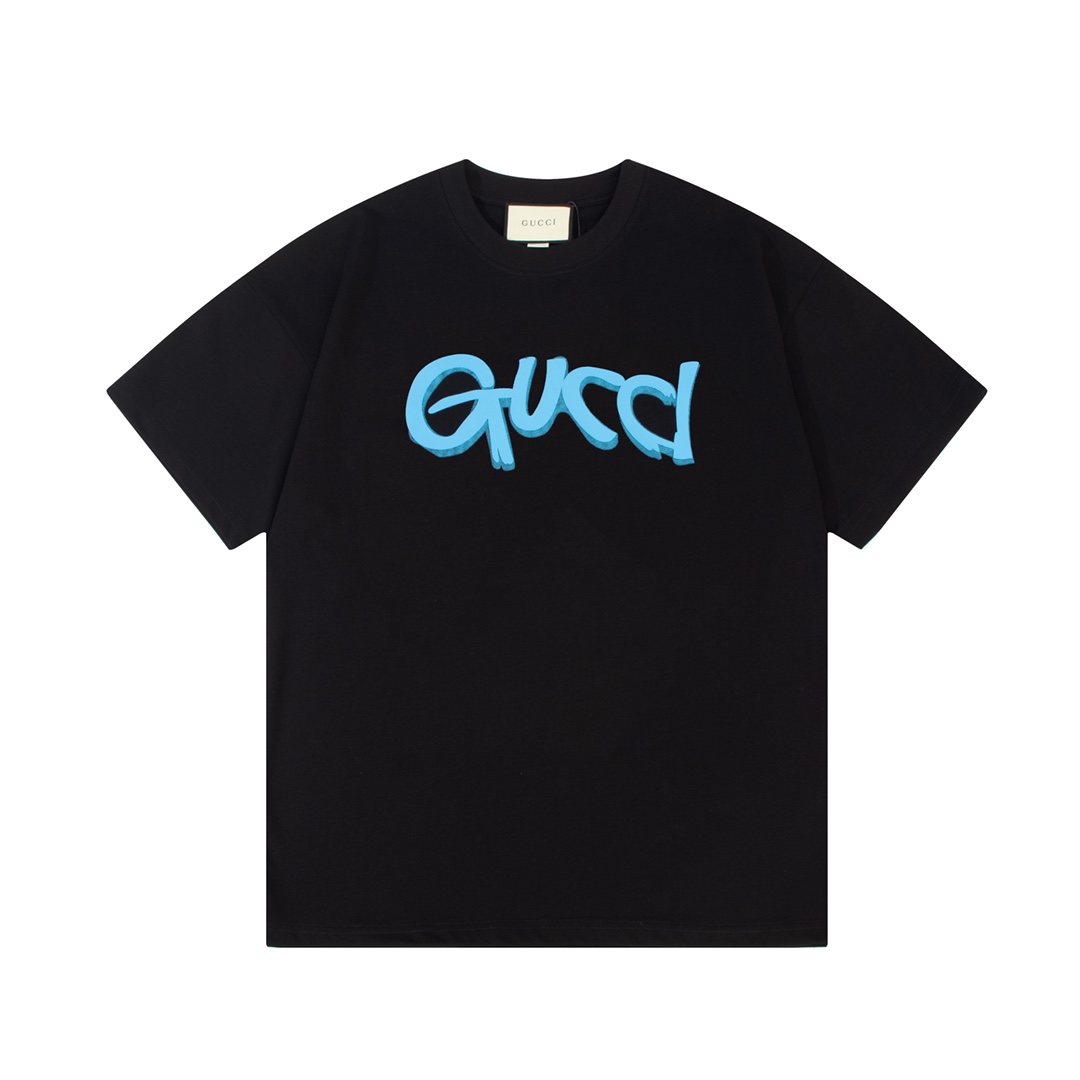 GUCCI 古驰 Camiseta de manga corta con estampado de letras graffiti acuarela, logotipo refinado, inspirado en el estilo r…