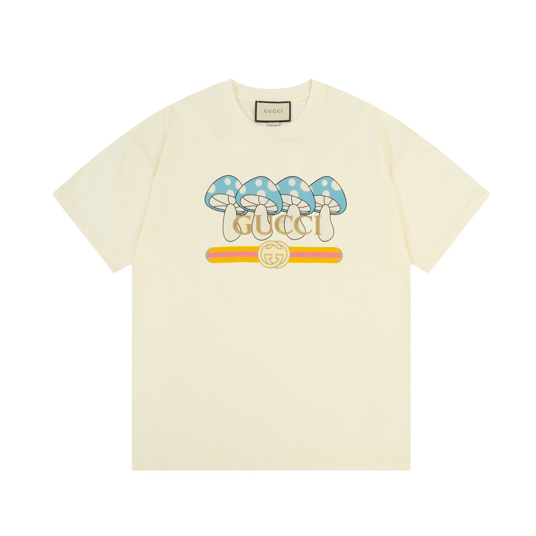 Gucci Mushroom Print Logo T-Shirt Cotton Blend Short Sleeve Tee Unisex
