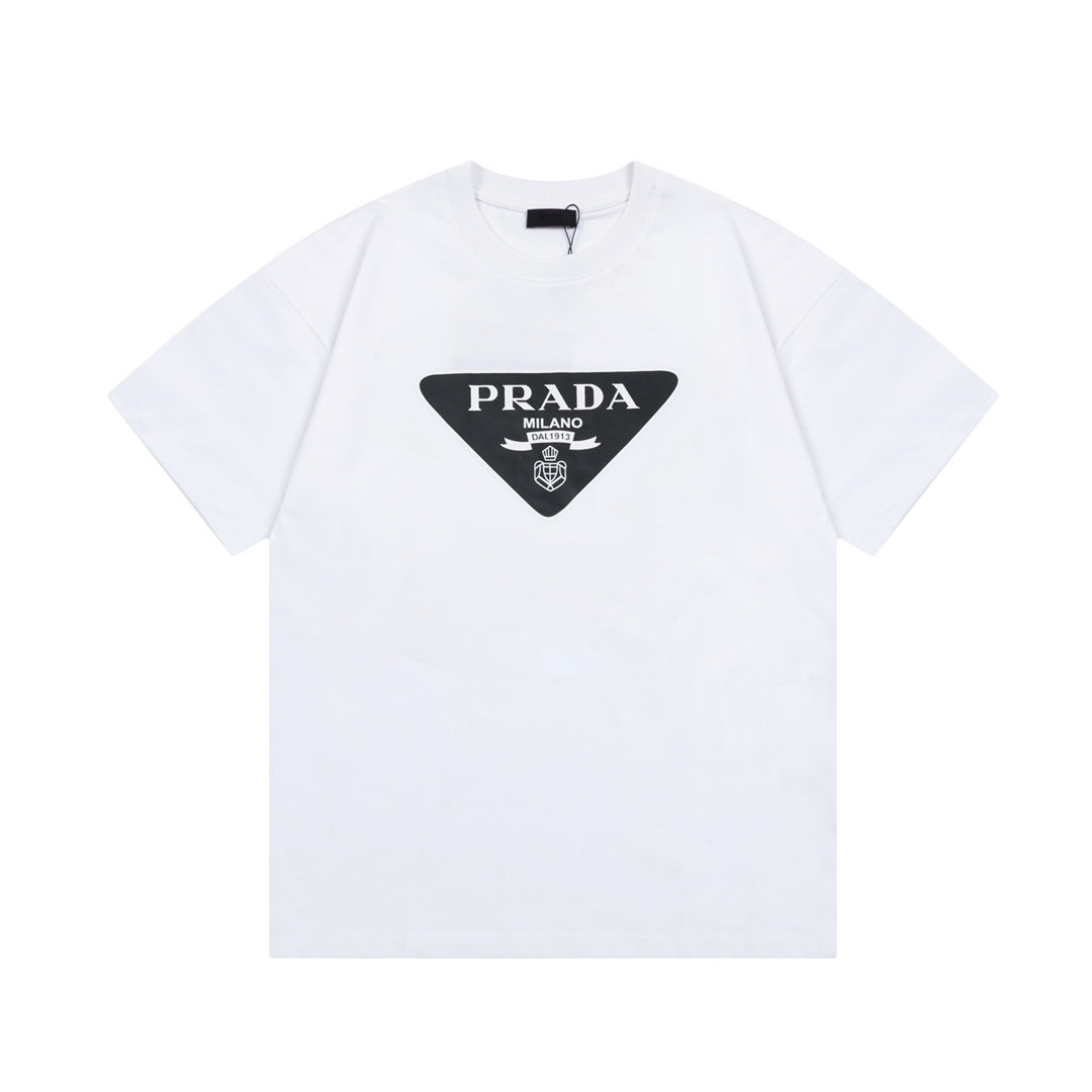 《Alta calidad》 PRADA Prada mismo estilo oficial camiseta de manga corta nueva temporada primavera-verano 2024 estampado…