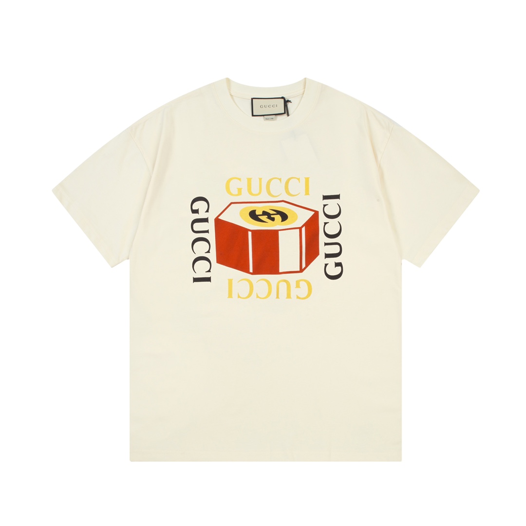 GUCCI 古驰 Camiseta de manga corta con estampado de caja de joyas de doble G, logotipo refinado, inspirado en los años 80…