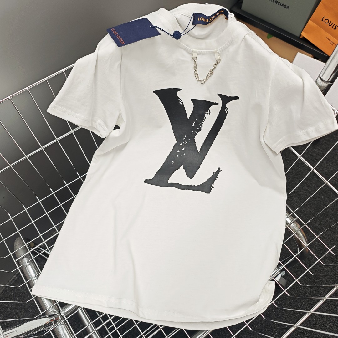 Louis Vuitton Kleding T-Shirt Zwart Wit Geel Afdrukken Unisex Lentecollectie Kettingen