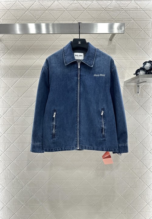 Miu Miu Denim Fleece Jacket - Vintage Wash, Embroidered Logo, Relaxed Fit 1 Miu Miu Denim Fleece Jacket - Vintage Wash, Embroidered Logo, Relaxed Fit
