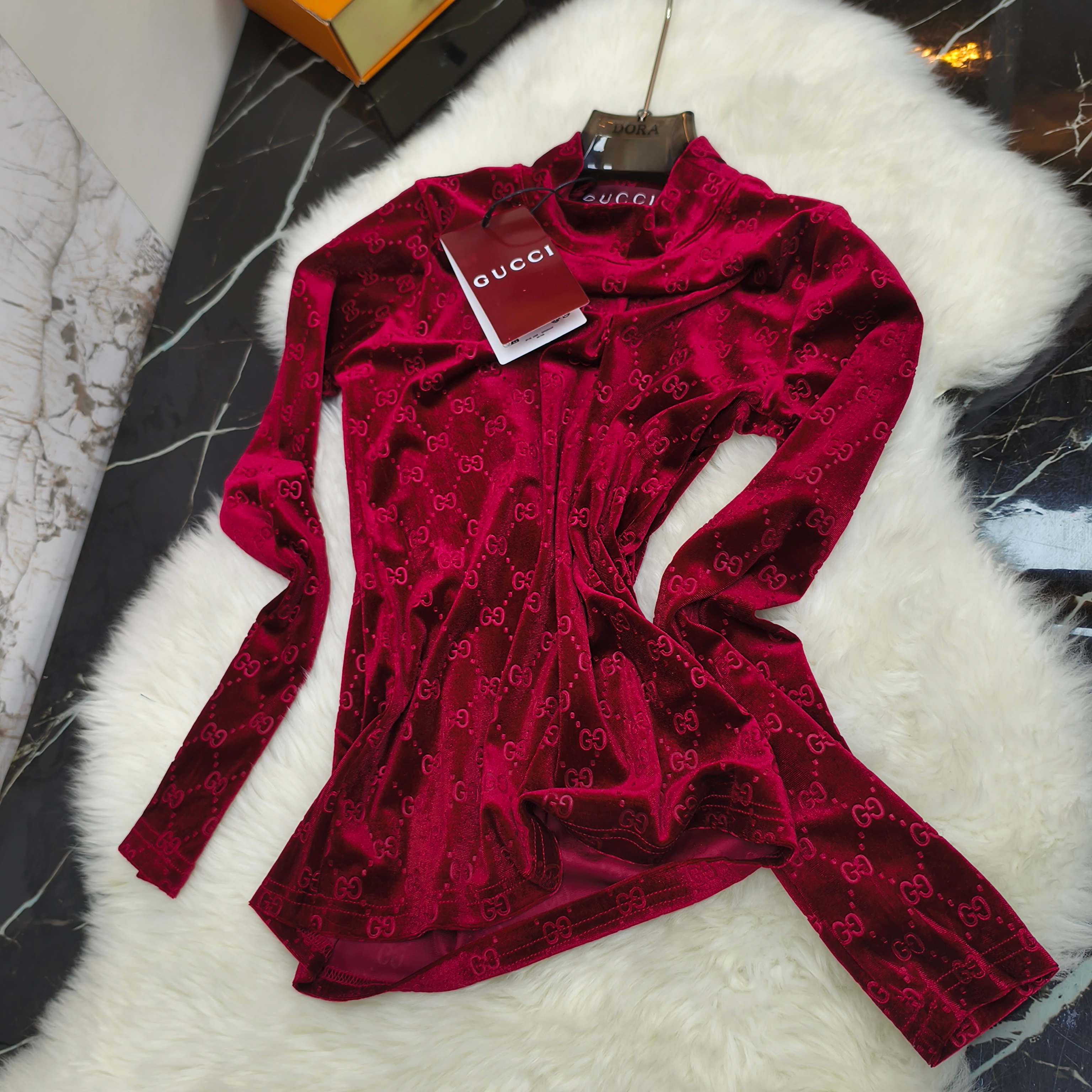 Gucci Velvet Logo Print Mock Neck Top Long Sleeve Shirt 4 a1758516056344 8820