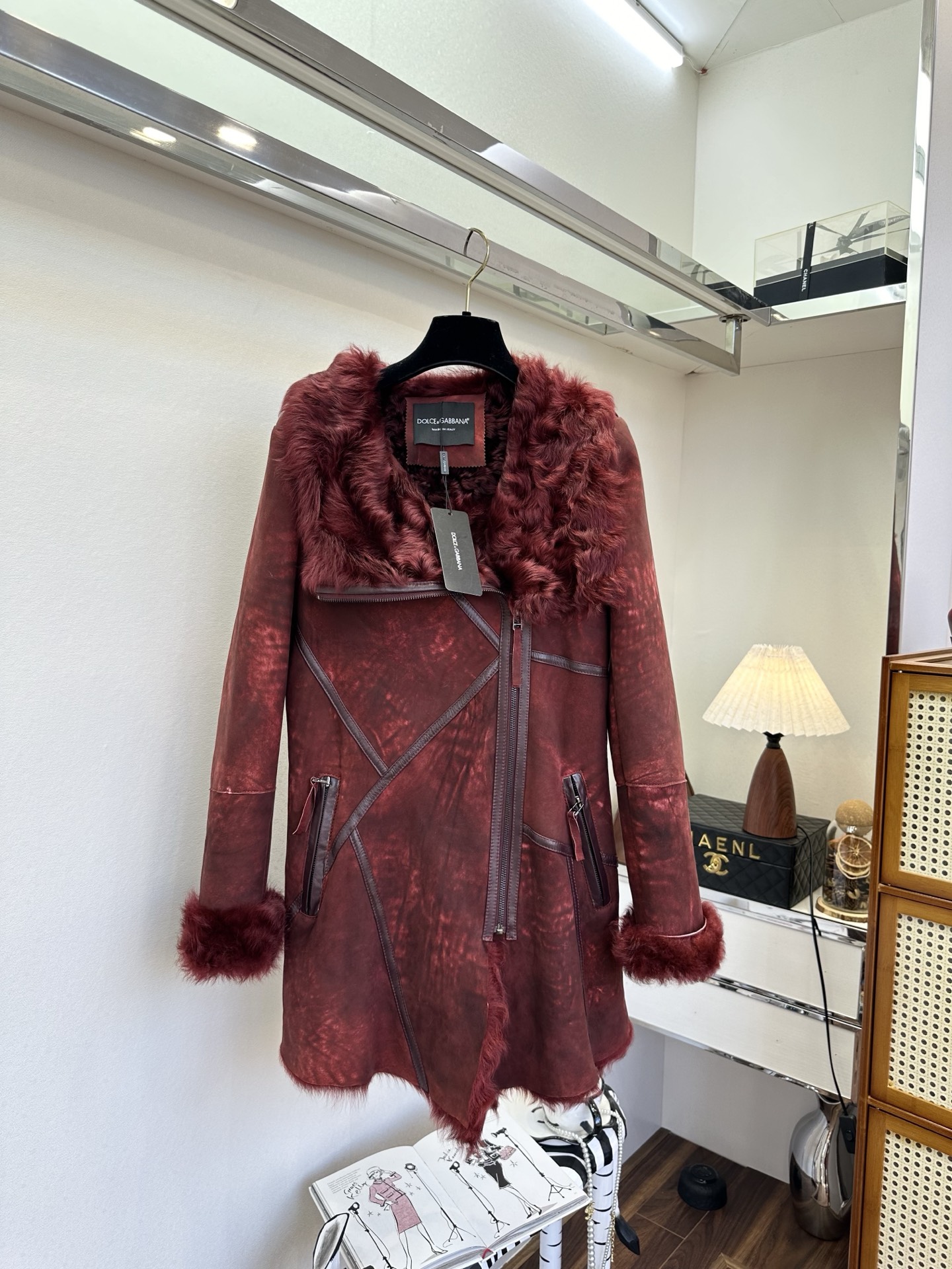 Shearling Lambskin Leather Jacket, Dyed Mid-Length Coat