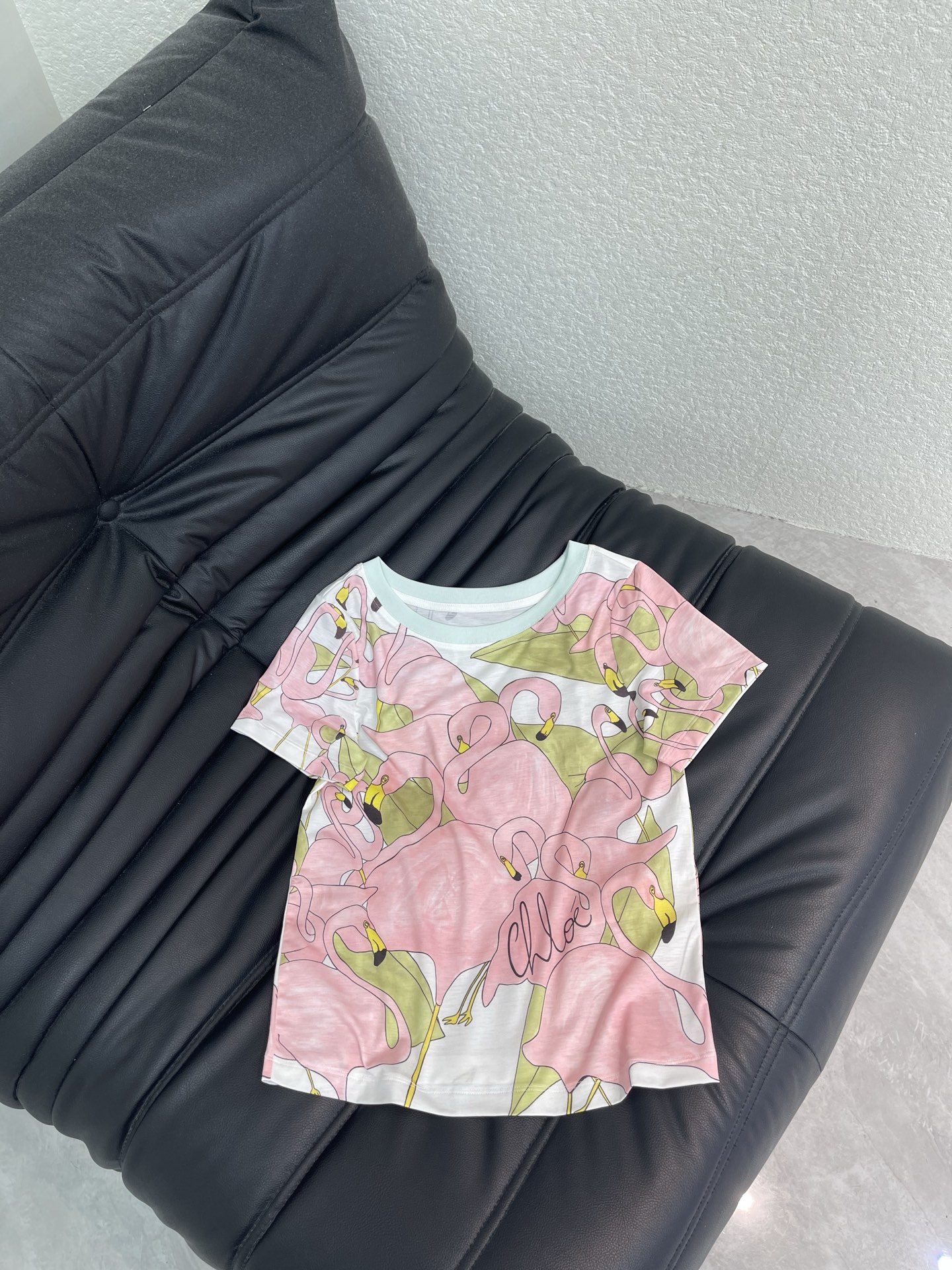 NO:798183,Chlo*26 new spring and summer flamingo print short-sleeved T-shirt, made of soft cotton fabric, comfortable and breathable to wear. Pink flamingo with green leaves, retro and lively, full of spring and summer atmosphere. Light green round neck design, exquisite details, tailoring to fit the body, easy to wear in daily life or vacation. The printing is inspired by the brand's bohemian style, full of artistic sense, it is a must-have highlight item in the spring and summer wardrobe. SML,, chloe, T-shirt, tees, t-shirt,19860909Chlo*26春夏新款火烈鸟印花短袖T恤,采用柔软棉质面料,穿着舒适透气.粉色火烈鸟搭配绿色叶片,复古又活泼,春夏氛围感满满.浅绿色圆领设计 ,细节精致,剪裁贴合身形,日常或度假都能轻松驾驭.印花灵感源自品牌波西米亚风格,艺术感十足,是春夏衣橱必备亮点单品.SML,,chloe,T-shirt,tees，t-shirt,,Women's clothing