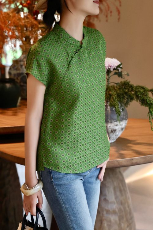 Elegant Green Jacquard Cheongsam Blouse - Silk Blend, Short Sleeve Top 1 Elegant Green Jacquard Cheongsam Blouse - Silk Blend, Short Sleeve Top