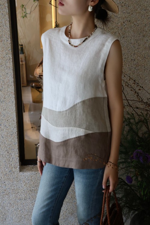Sleeveless Linen Top with Wave Design - Summer Fashion 2025 - S to XL 1 Sleeveless Linen Top with Wave Design - Summer Fashion 2025 - S to XL