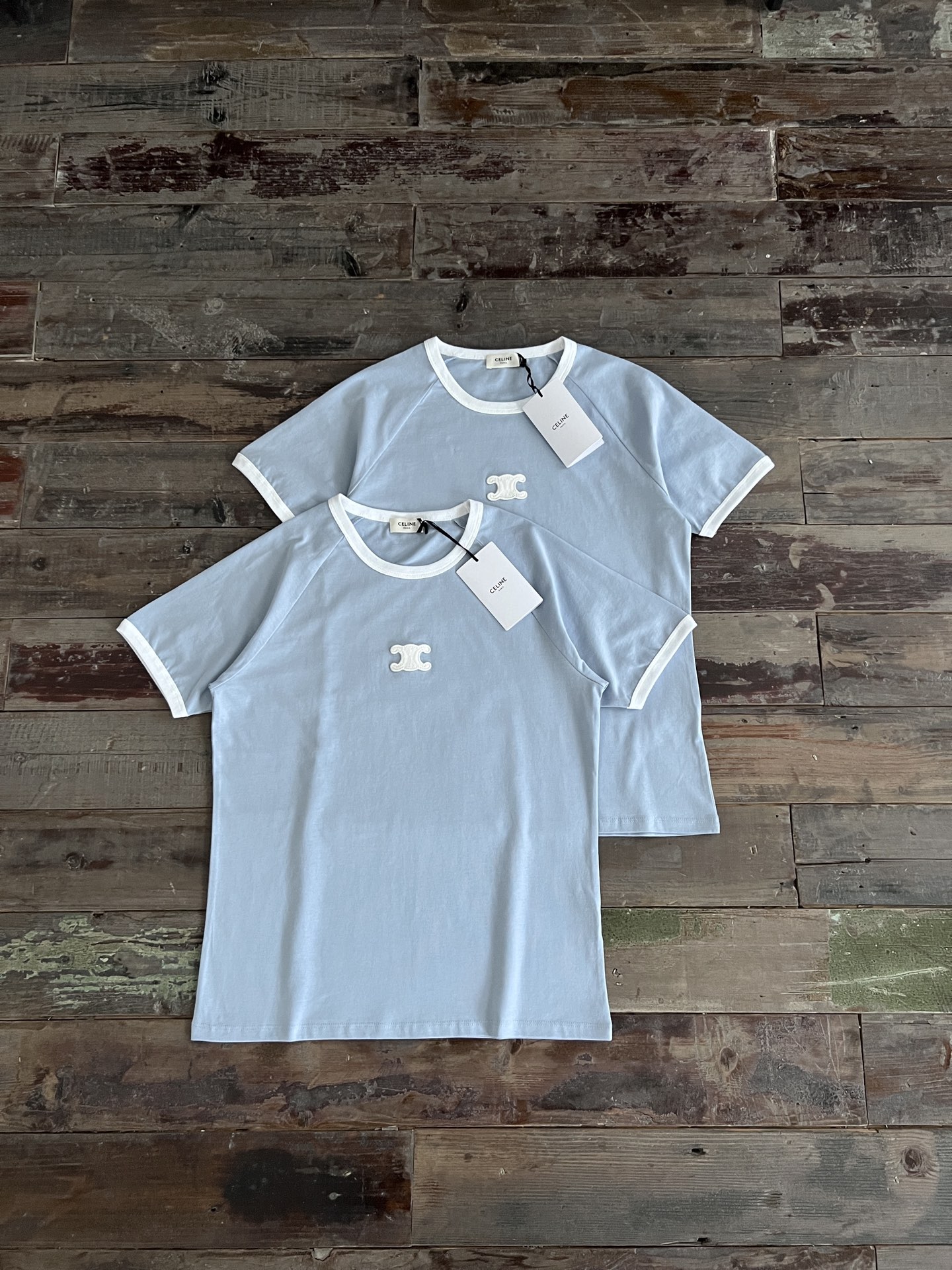 Celine Women's Blue Cotton T-Shirt with White Trim and Triomphe Logo 2 i1749179049281 3567 0 1
