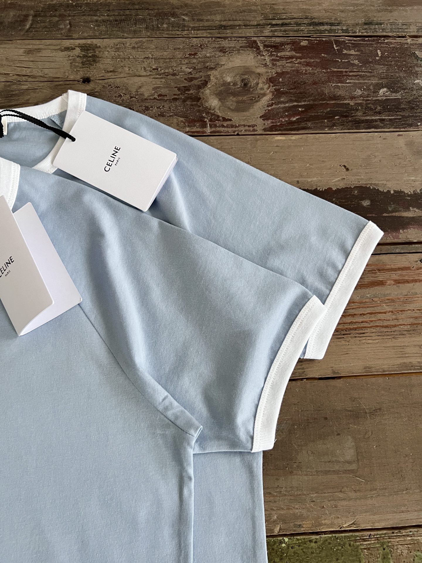 Celine Women's Blue Cotton T-Shirt with White Trim and Triomphe Logo 6 i1749179050608 734 0 5