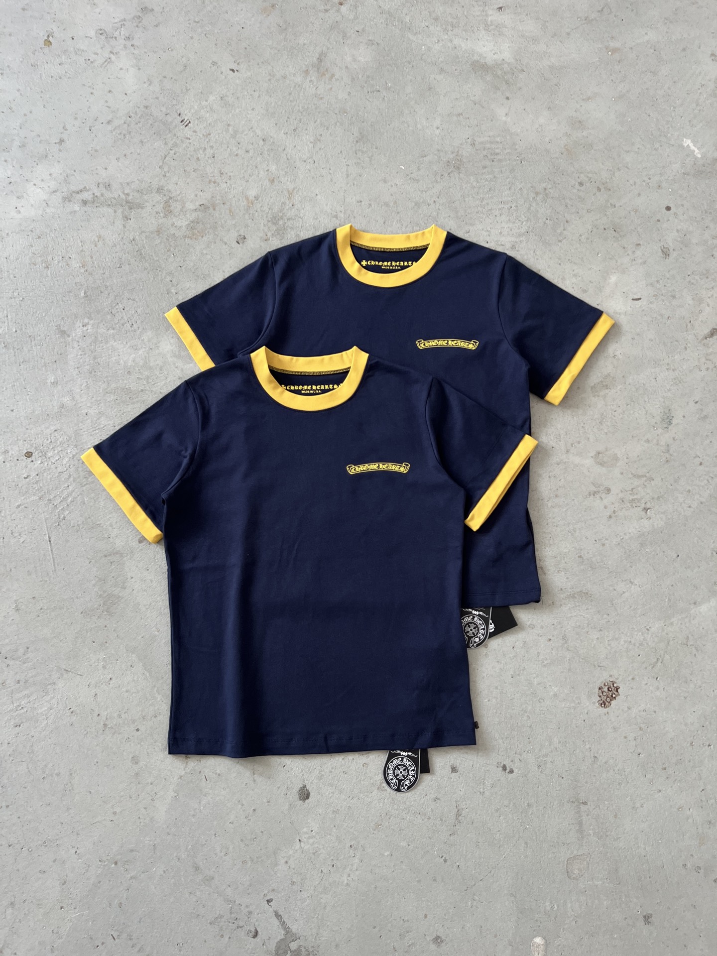 Chrome Hearts Women's Navy Crew Neck T-Shirt with Yellow Trim - S to XL 2 i1750639384281 4387 0 0