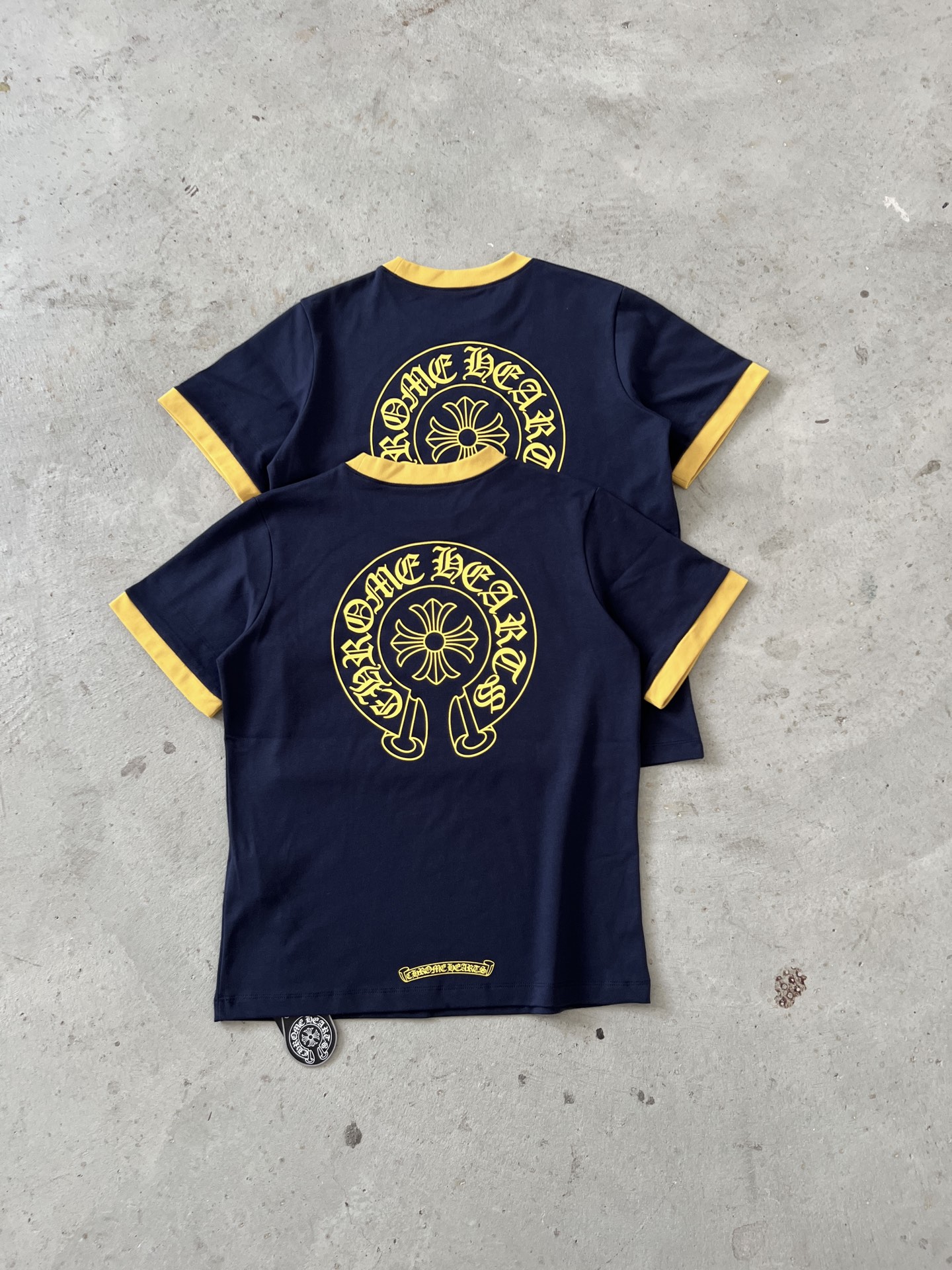 Chrome Hearts Women's Navy Crew Neck T-Shirt with Yellow Trim - S to XL 3 i1750639384321 7145 0 1