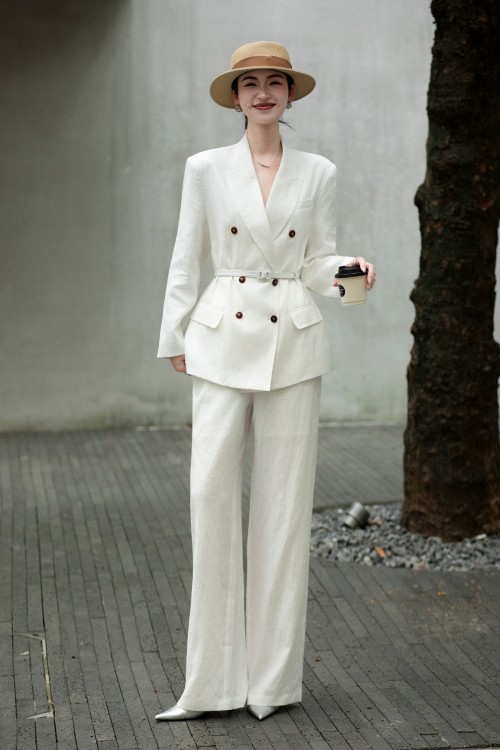 Women's Elegant Linen Suit with Belt - Lightweight, Breathable, and Stylish 1 Women's Elegant Linen Suit with Belt - Lightweight, Breathable, and Stylish