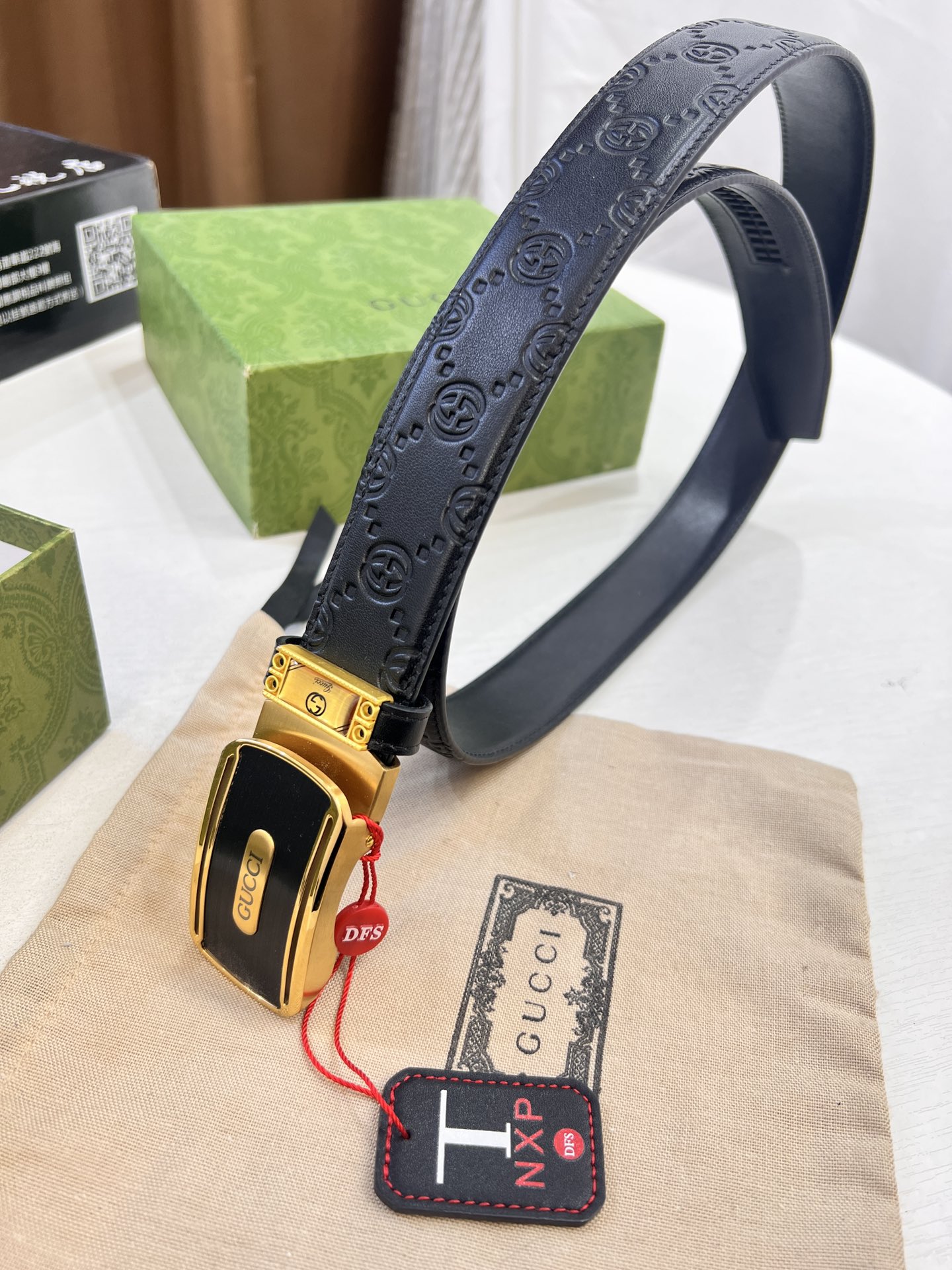 古奇GUCCi自动扣皮带 新款 GG压花头层牛皮 顶级品质商务正装 古奇自动皮带滑轨手感柔软