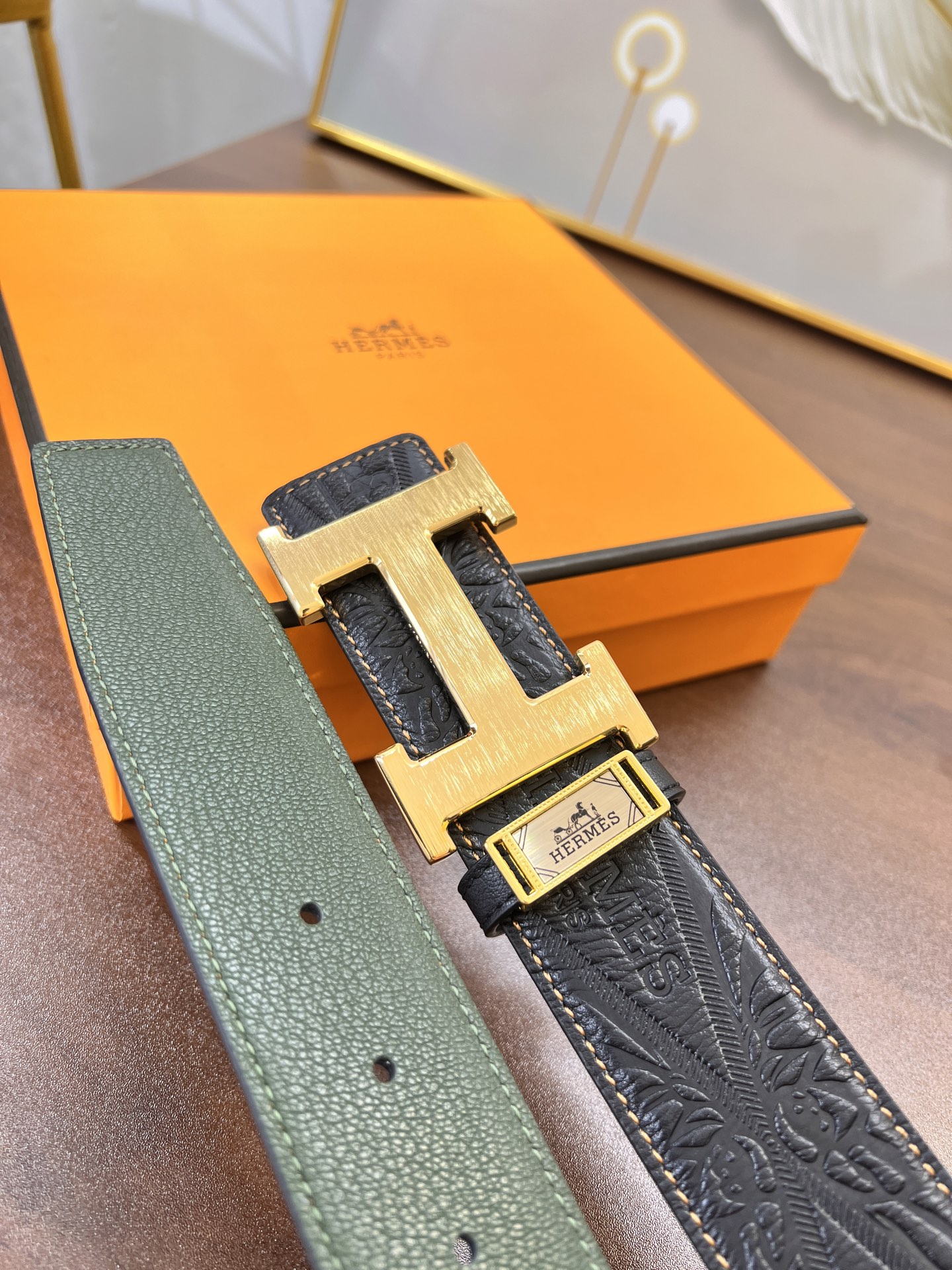 爱马仕H皮带精钢H内穿扣 进口条形纹头层牛皮