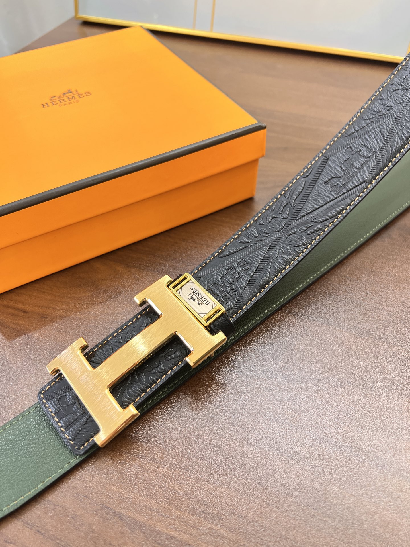 爱马仕H皮带精钢H内穿扣 进口条形纹头层牛皮