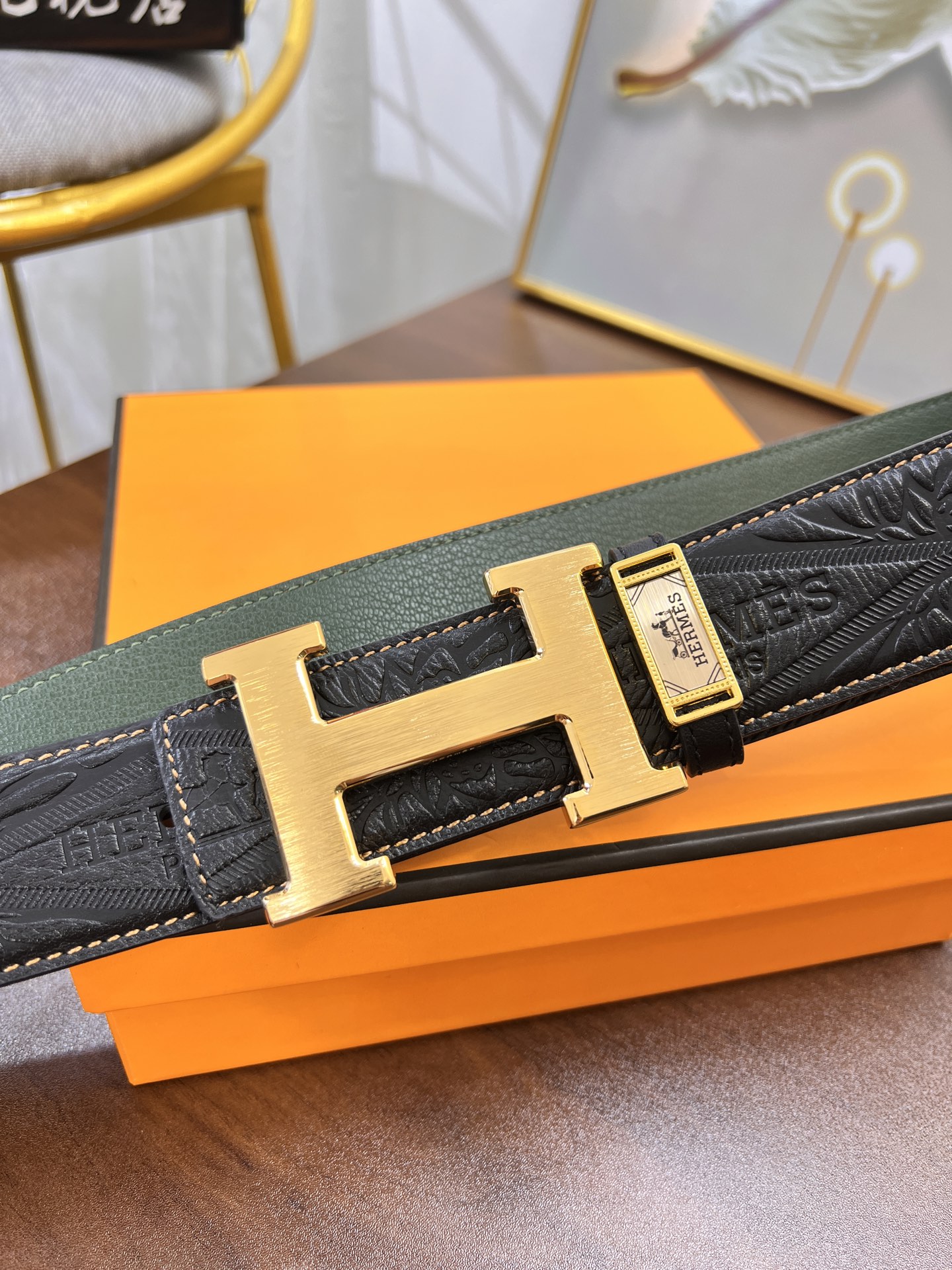 爱马仕H皮带精钢H内穿扣 进口条形纹头层牛皮