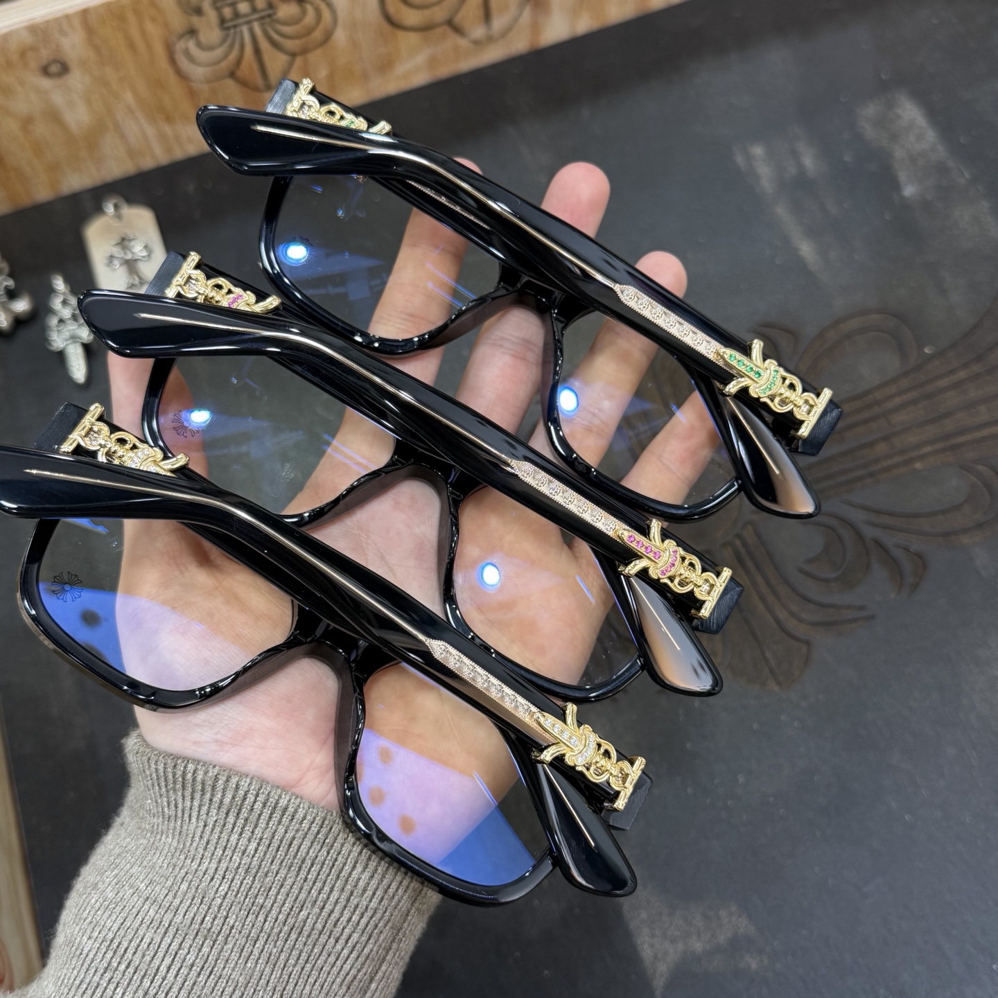 Sword-shaped glasses with rhinestones, 925 silver plated with gold