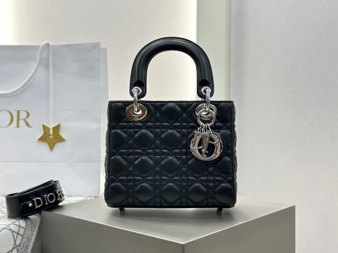 Dior Lady Taschen Handtaschen Umhängetaschen  & Schultertaschen Schwarz Silber Hardware Schaffell