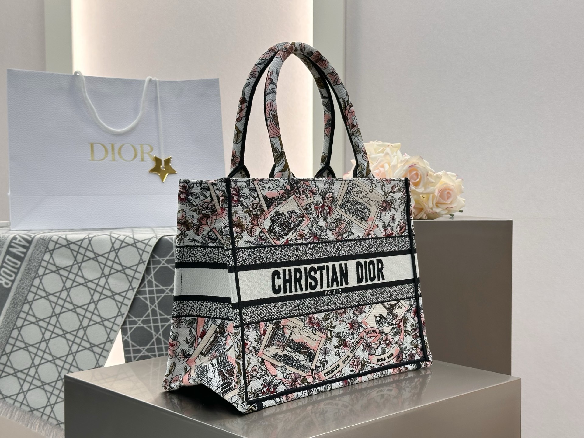 𝗗𝗶𝗼𝗿 𝗕𝗼𝗼𝗸 𝗧𝗼𝘁𝗲 新款中号托特❗粉色罗马建筑花卉中号现货🔥最新款的𝐵𝑜𝑜𝑘 𝑡𝑜𝑡𝑒首发！！