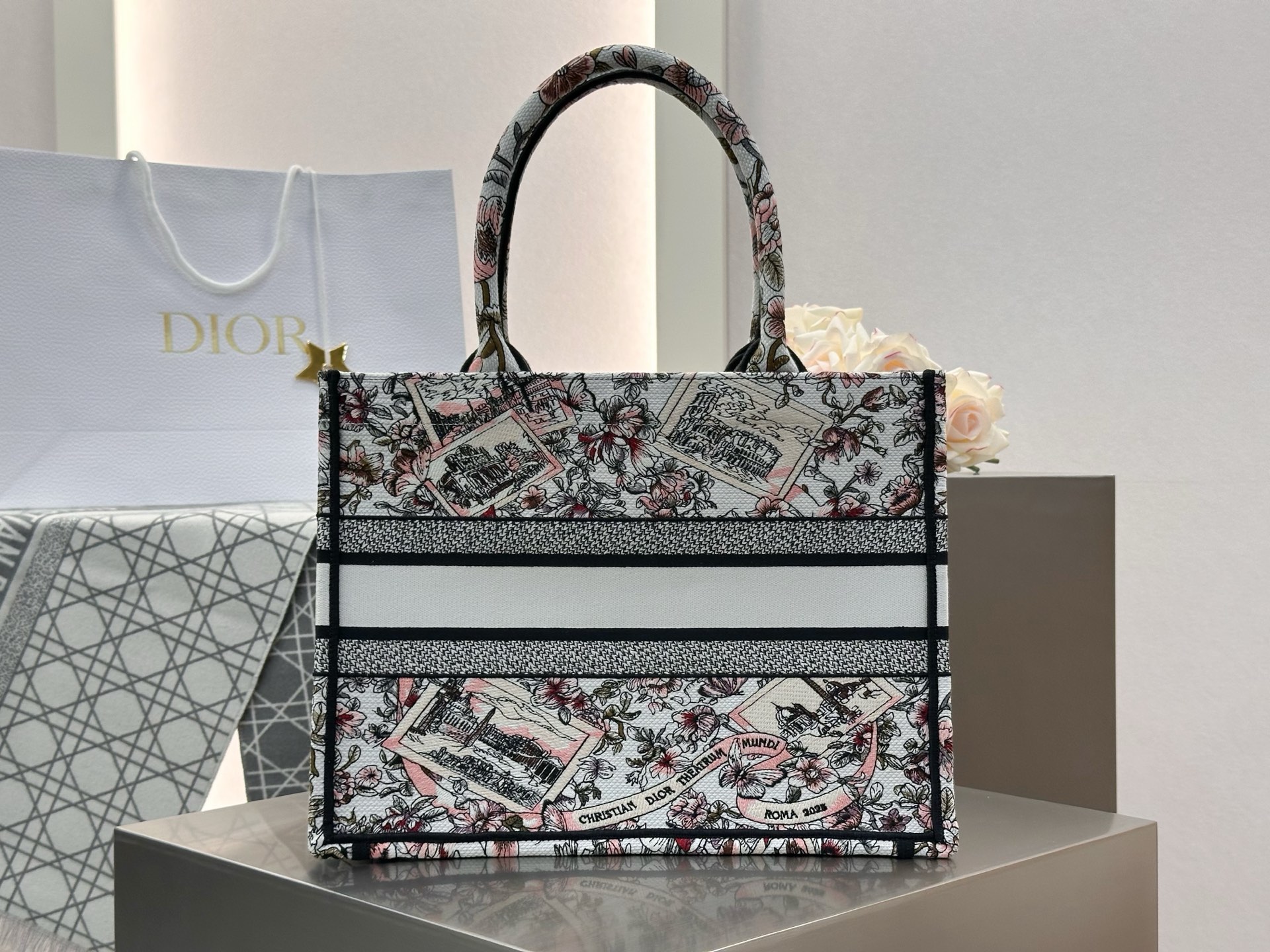 𝗗𝗶𝗼𝗿 𝗕𝗼𝗼𝗸 𝗧𝗼𝘁𝗲 新款中号托特❗粉色罗马建筑花卉中号现货🔥最新款的𝐵𝑜𝑜𝑘 𝑡𝑜𝑡𝑒首发！！