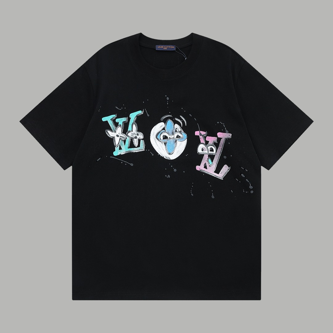 克紧密双纱纯棉面料 款式:路易威登LV个性印花短袖 颜色:图片色 三标齐全,最大能穿到185斤 无性别区分 男女同款