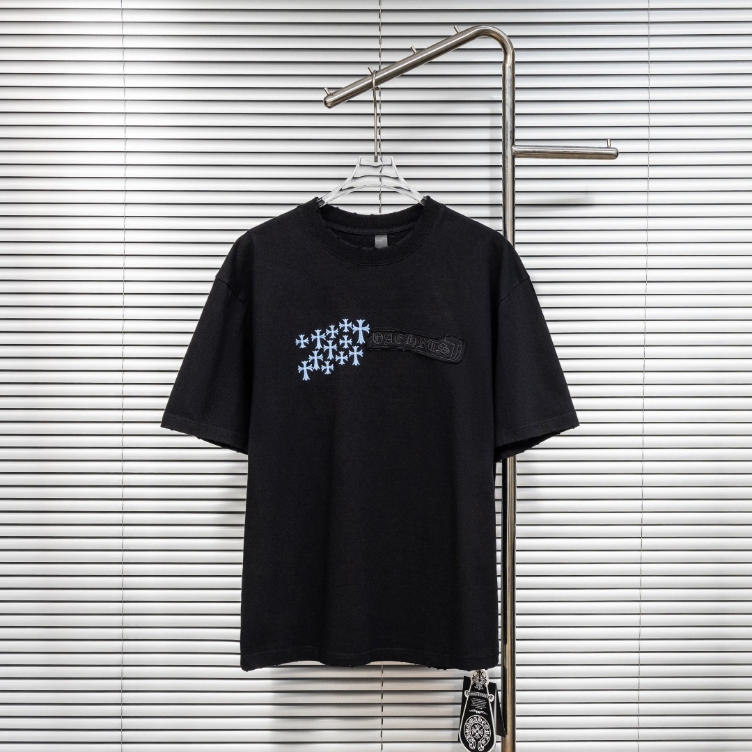 Chrome Hearts 款式：克罗心CH做旧破洞散花十字架刺绣 定制贴布工艺短袖