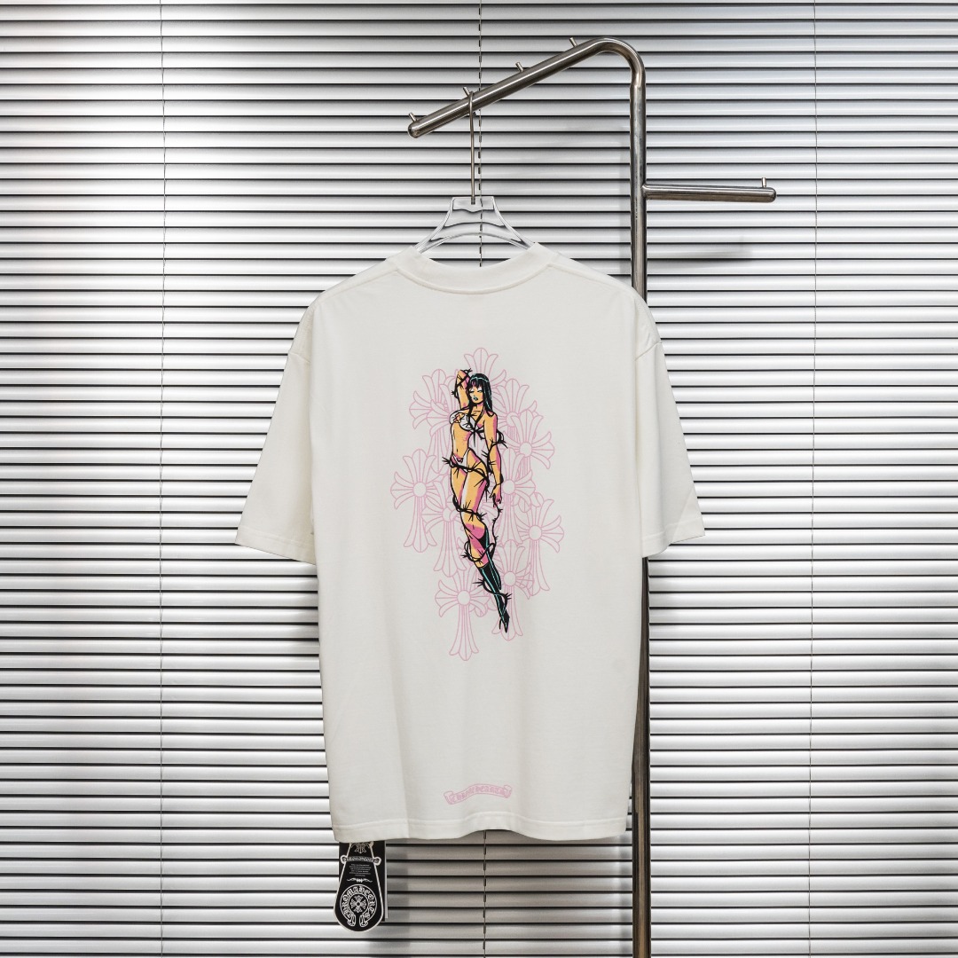 Chrome Hearts 款式：克罗心CH做旧破洞植绒LOGO 粉色女郎工艺短袖