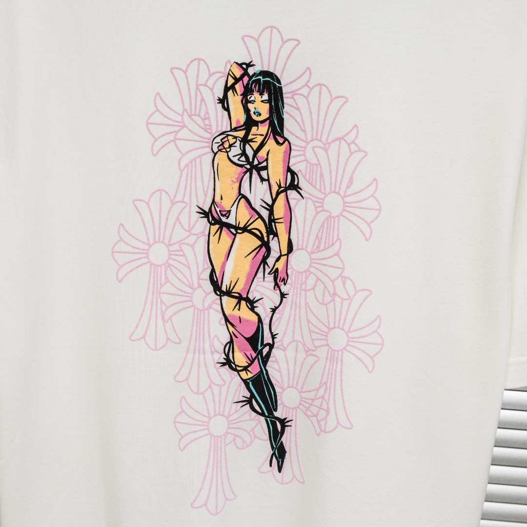 Chrome Hearts 款式：克罗心CH做旧破洞植绒LOGO 粉色女郎工艺短袖