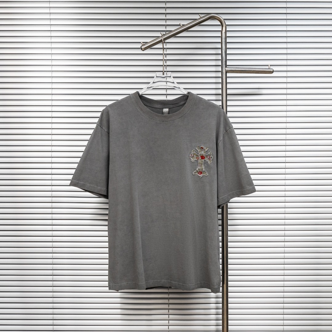 Chrome Hearts 款式：克罗心CH做旧破十字架花卉刺绣磨边工艺短袖
