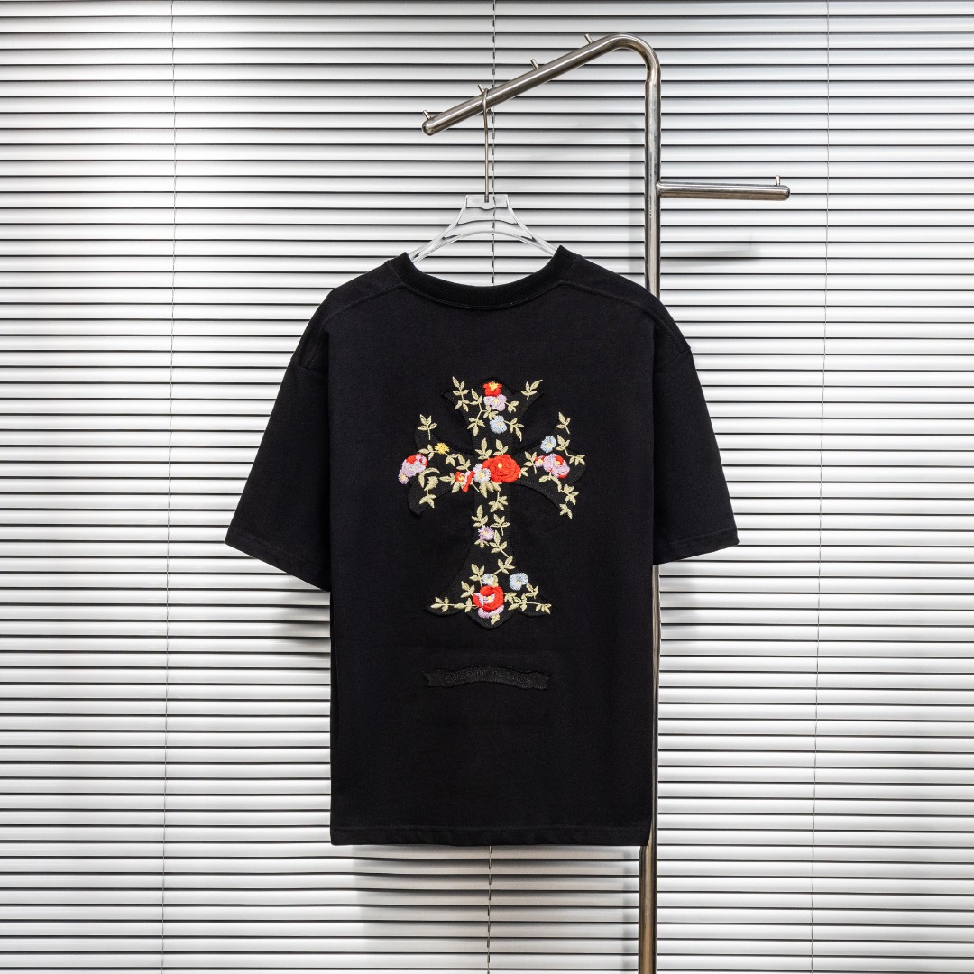 Chrome Hearts 款式：克罗心CH做旧破十字架花卉刺绣磨边工艺短袖
