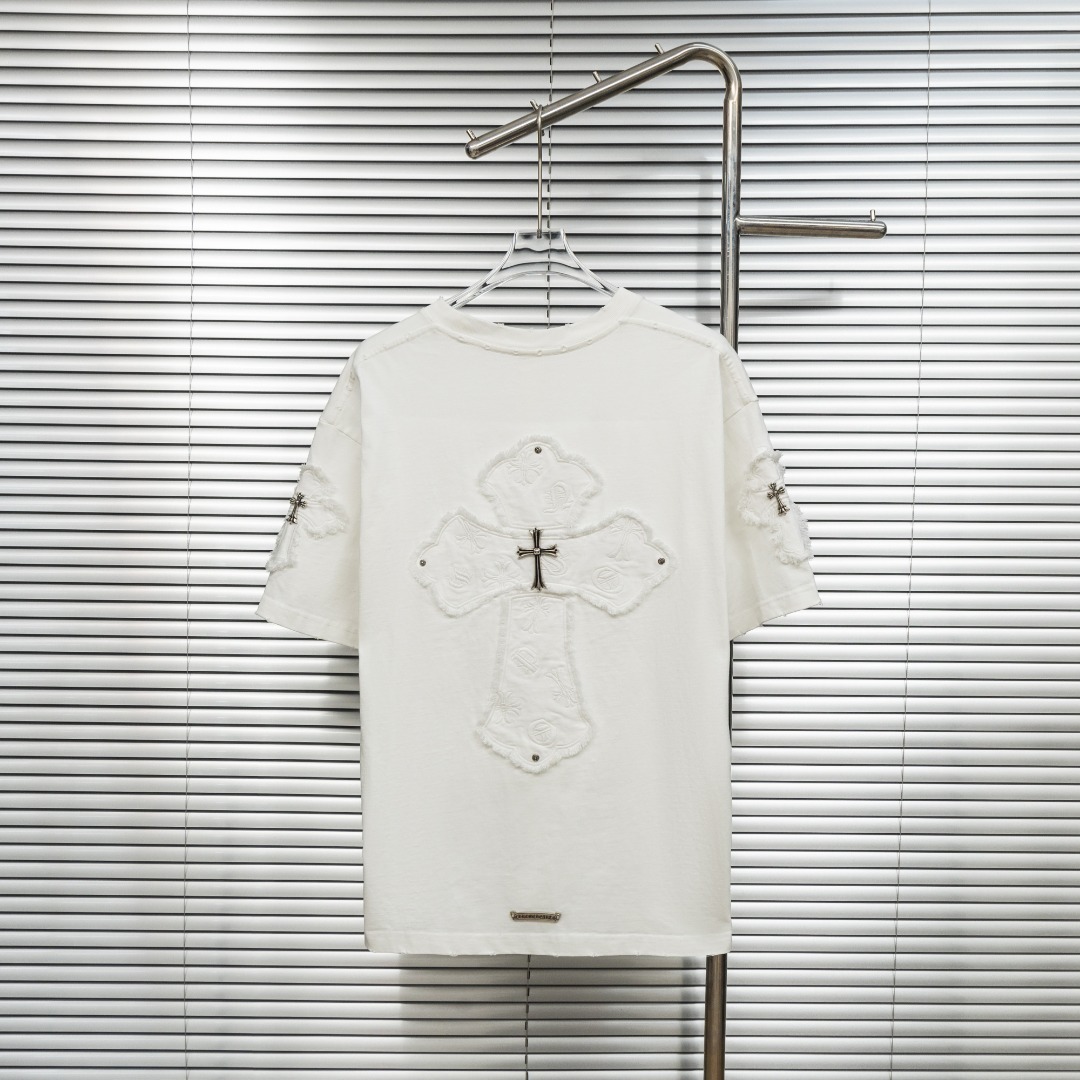 Chrome Hearts 款式：克罗心CH十字架破洞毛边贴布定制金属多工艺短袖