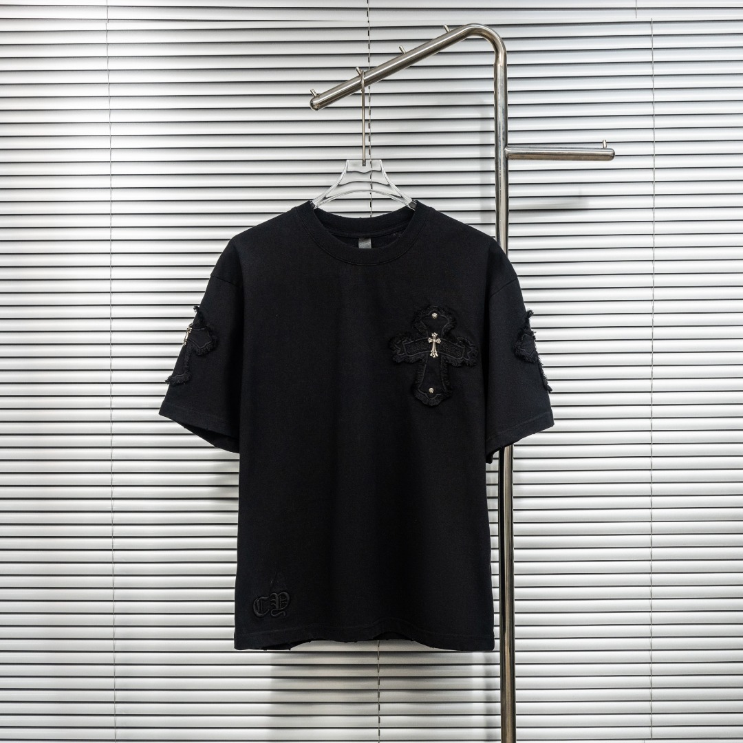 Chrome Hearts 款式：克罗心CH十字架破洞毛边贴布定制金属多工艺短袖