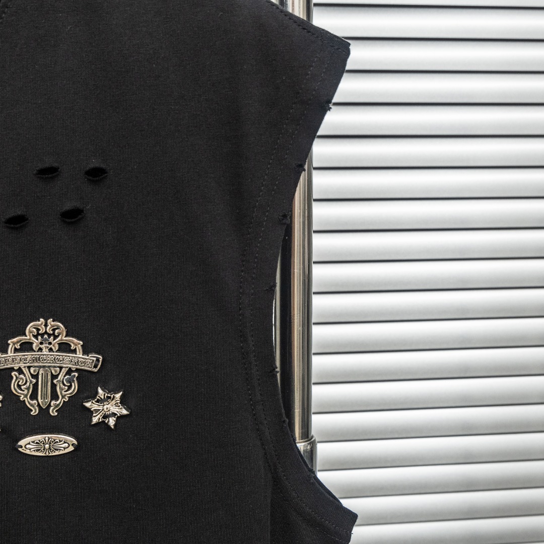 Chrome Hearts 款式：克罗心CH定制十字架金属LOGO破洞背心短袖