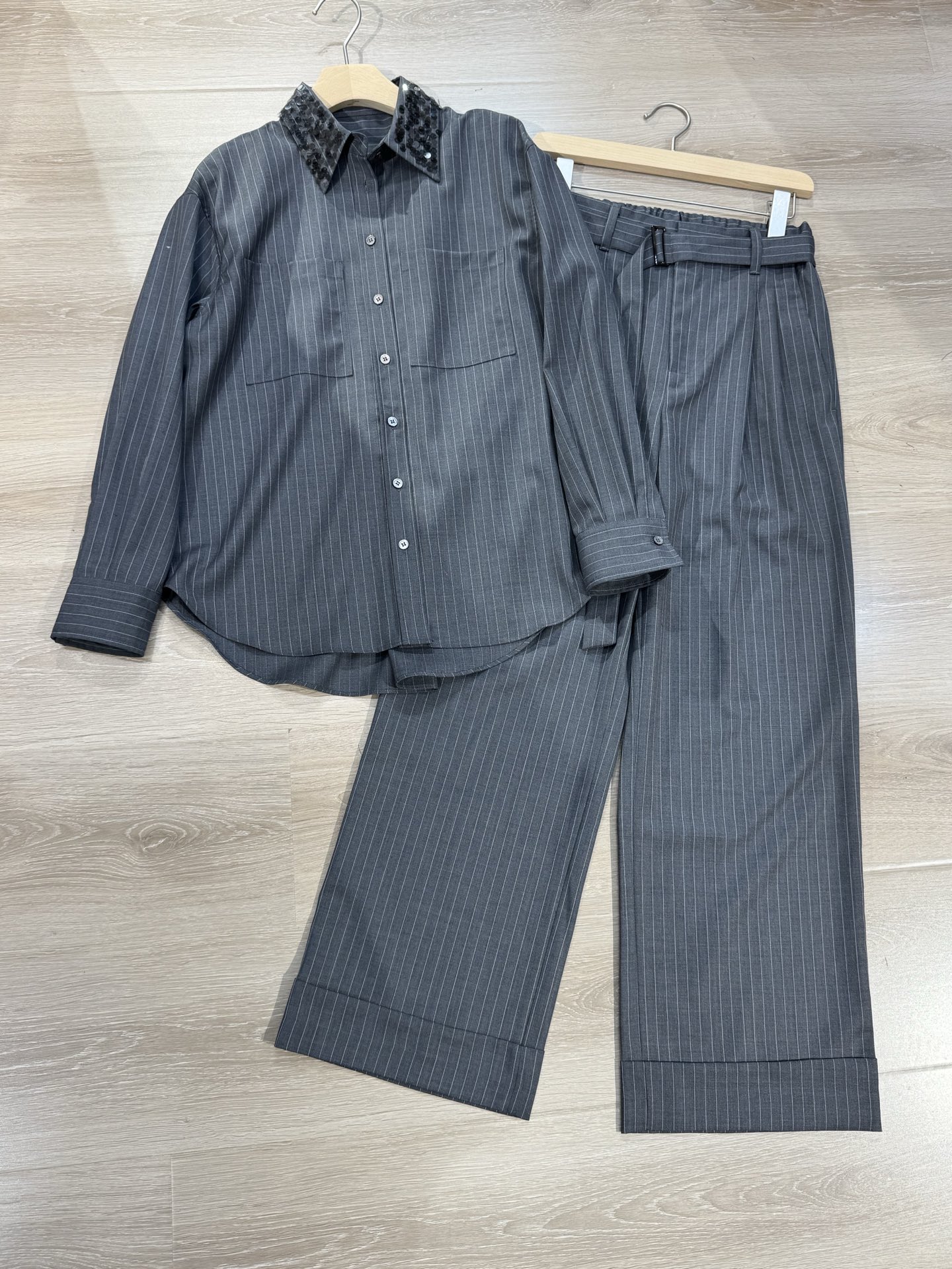 Brunello Cucinelli Wool Pinstripe Sequin-Collar Shirt & Pants Set 2 i1750425856250 2411 0 0