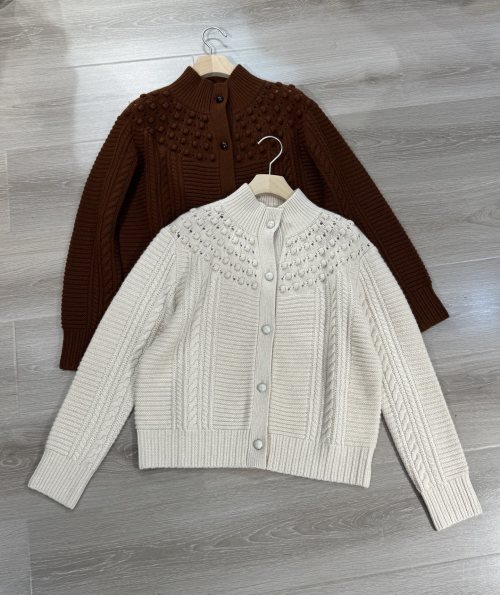 Women's Winter Knit Cardigan, Heavyweight Textured Wool Blend, Stand Collar