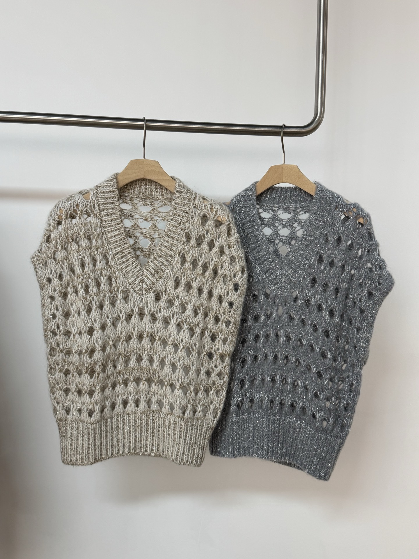 Women's V-Neck Mohair Blend Sleeveless Knit Top Vest in Cream and Silver 2 i1754058946361 6227 0 0