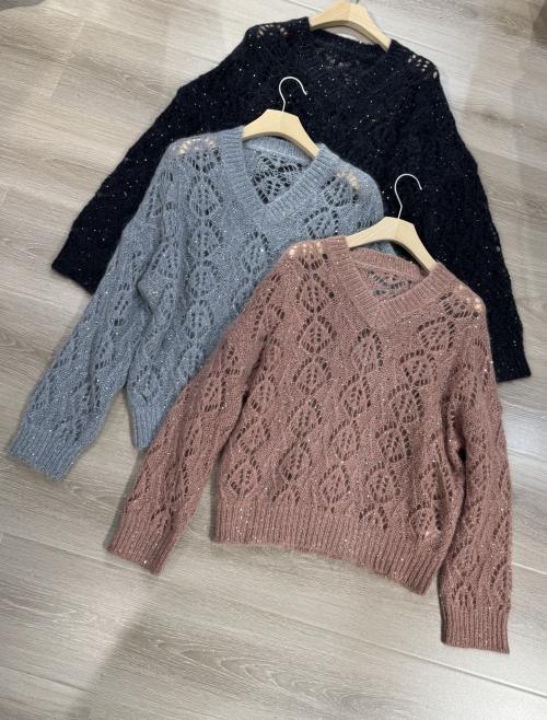 V-Neck Glitter Sequined Mohair Knit Sweater, Fashionable and Versatile Casual Style