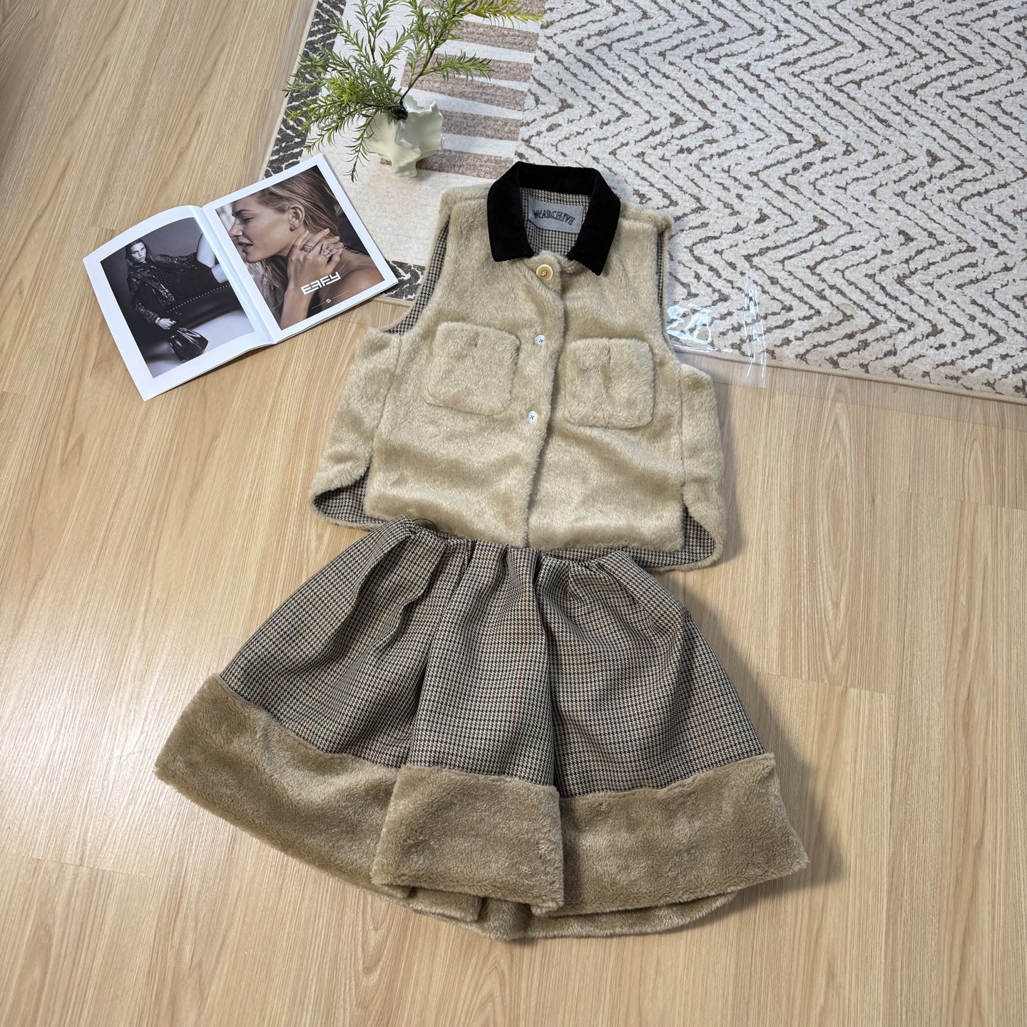 Color Block Plush Vest Set Houndstooth Skirt, Chic Autumn/Winter Outfit