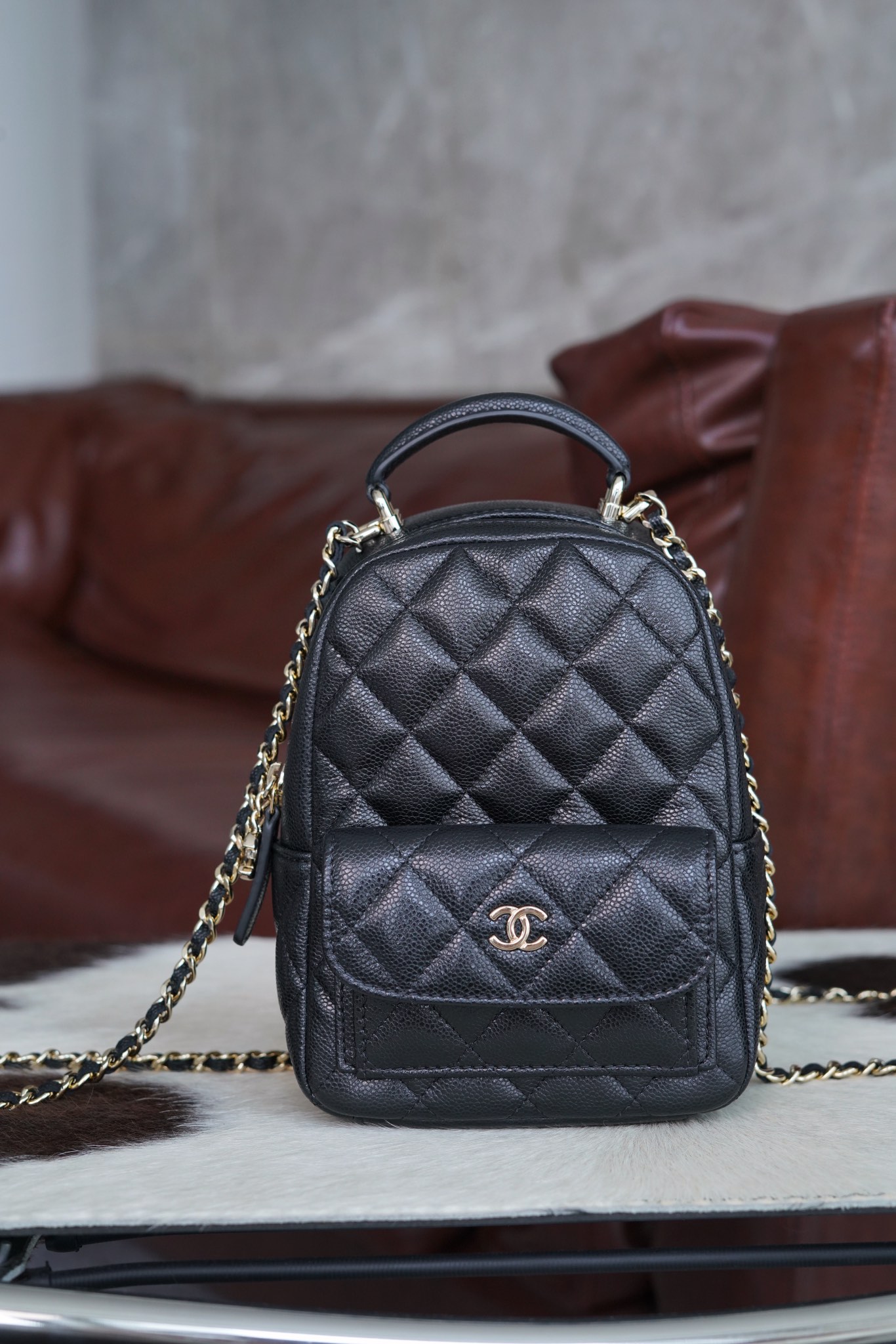 Chanel Bags Backpack Black Gold Calfskin Cowhide Mini