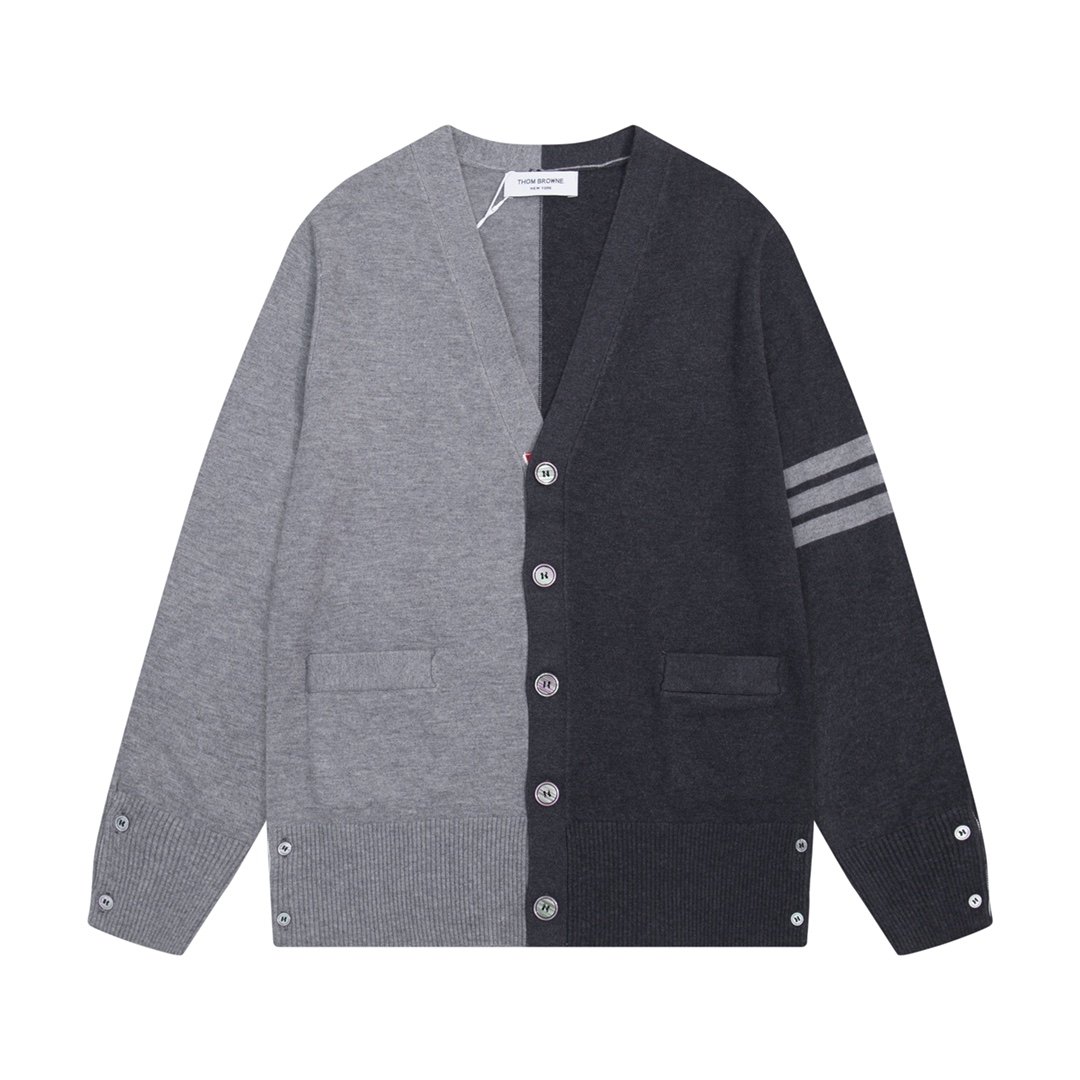 TB/Thom Browne cárdigan de otoño e invierno de lana, modelo de mezcla negro y gris. Puños, espalda, bajo, todo tejido c…