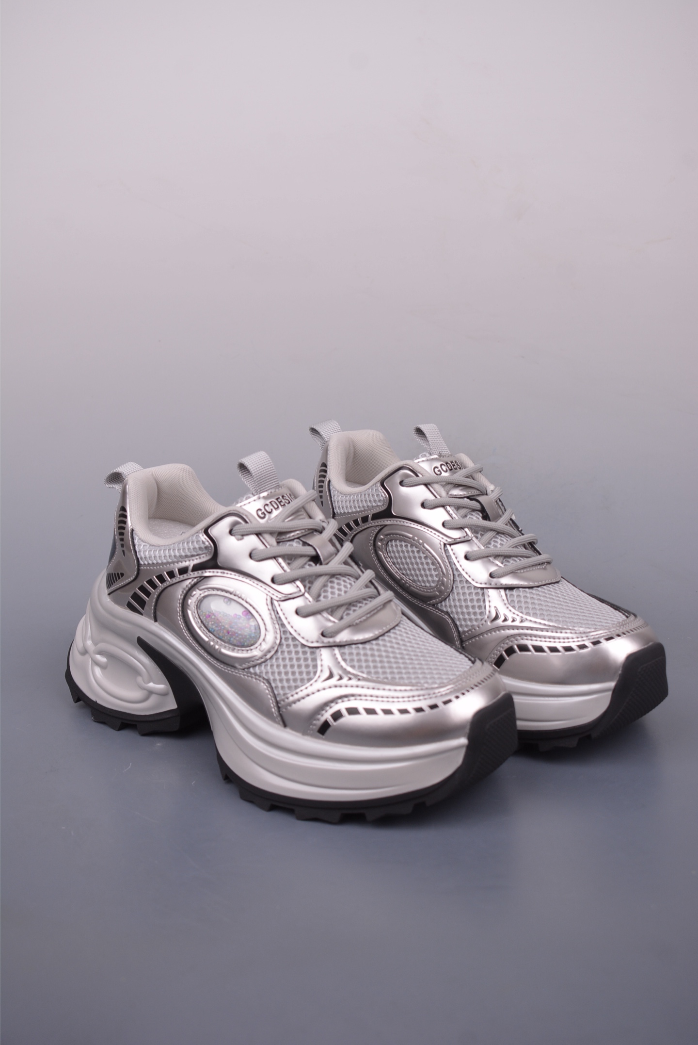 GCDESIGN Chunky Platform Sneakers for Women, Silver Fashion Trainers