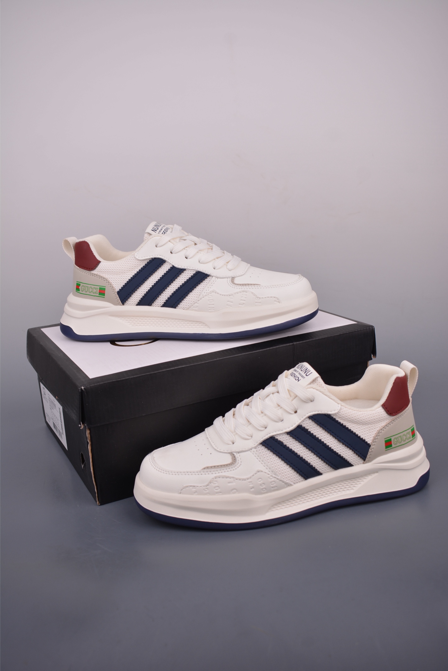 Men's White Sneakers with Blue Stripes and Leather Accents, Sizes 39-44