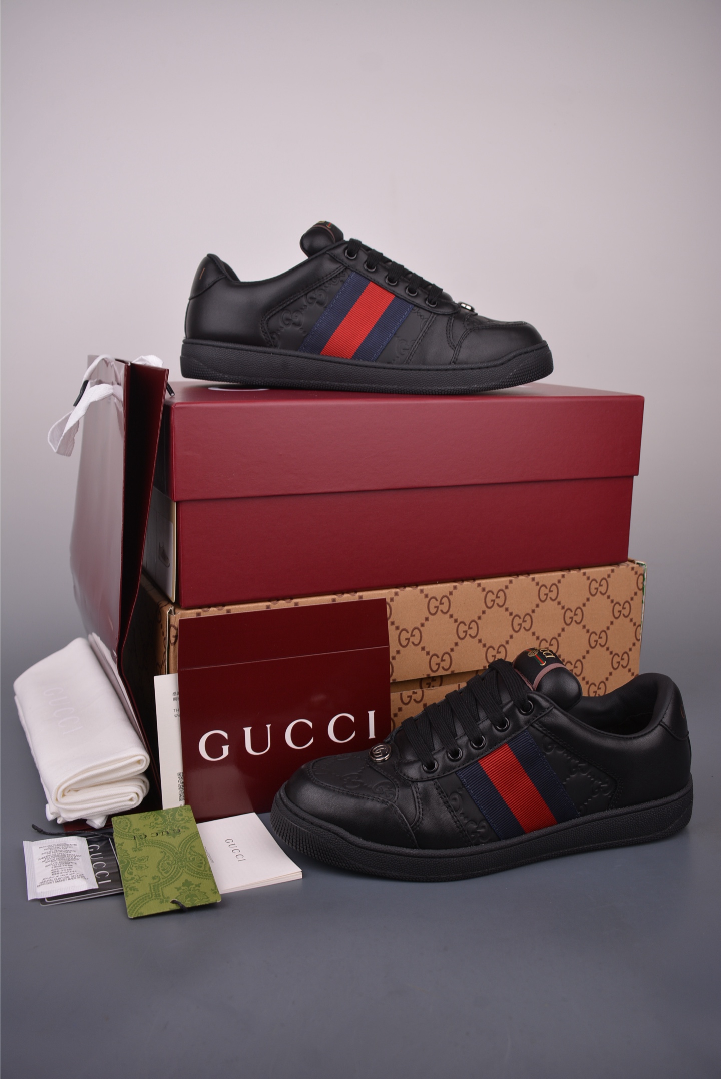 Gucci Screener Leather Sneaker Black with Enamel Buckle, Distressed Finish 6 i1759277586977 2963 0 4