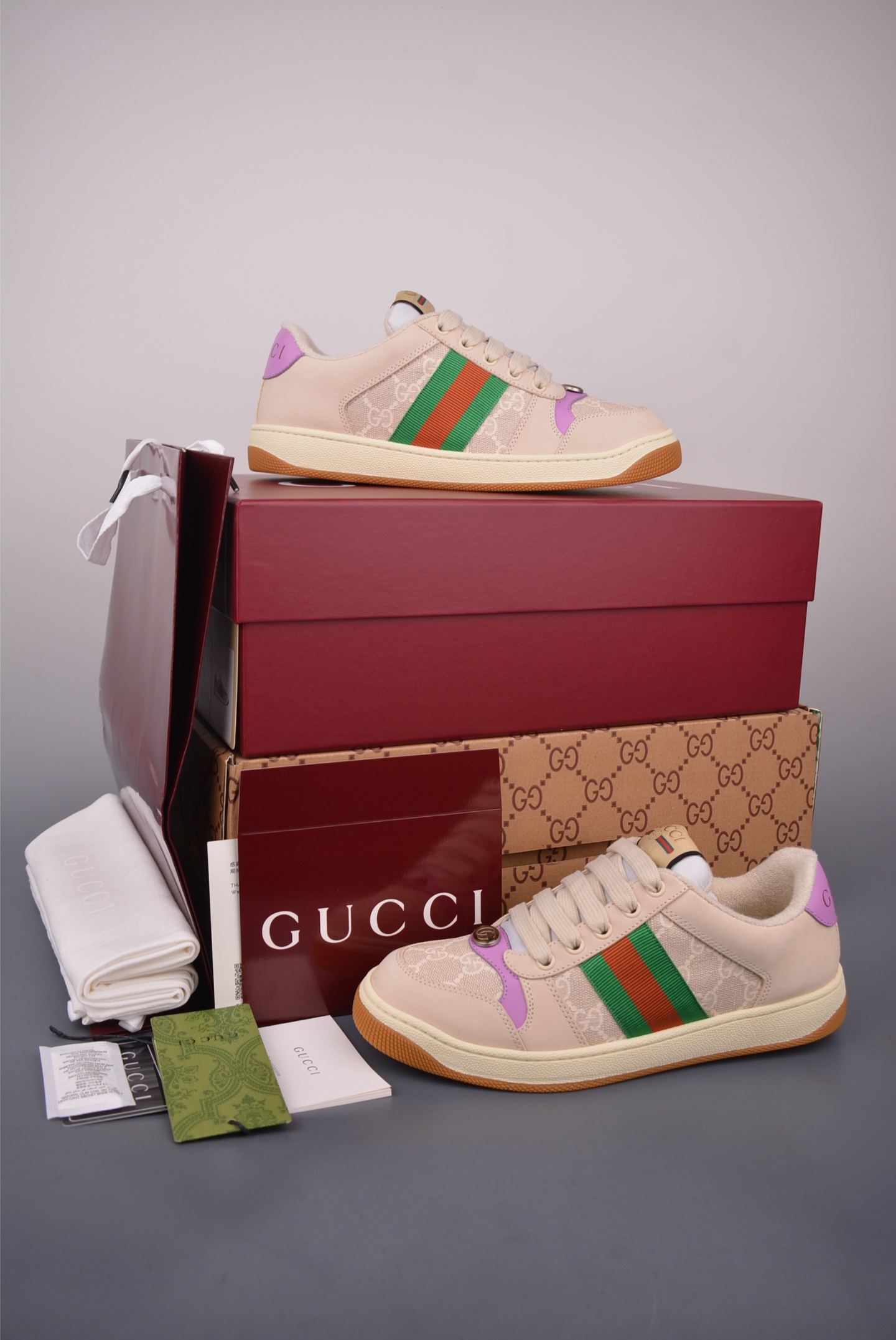 Gucci Screener Sneaker Beige/Green Leather, Women's Fashion Sneakers Shoes 6 i1759277890165 5772 0 4